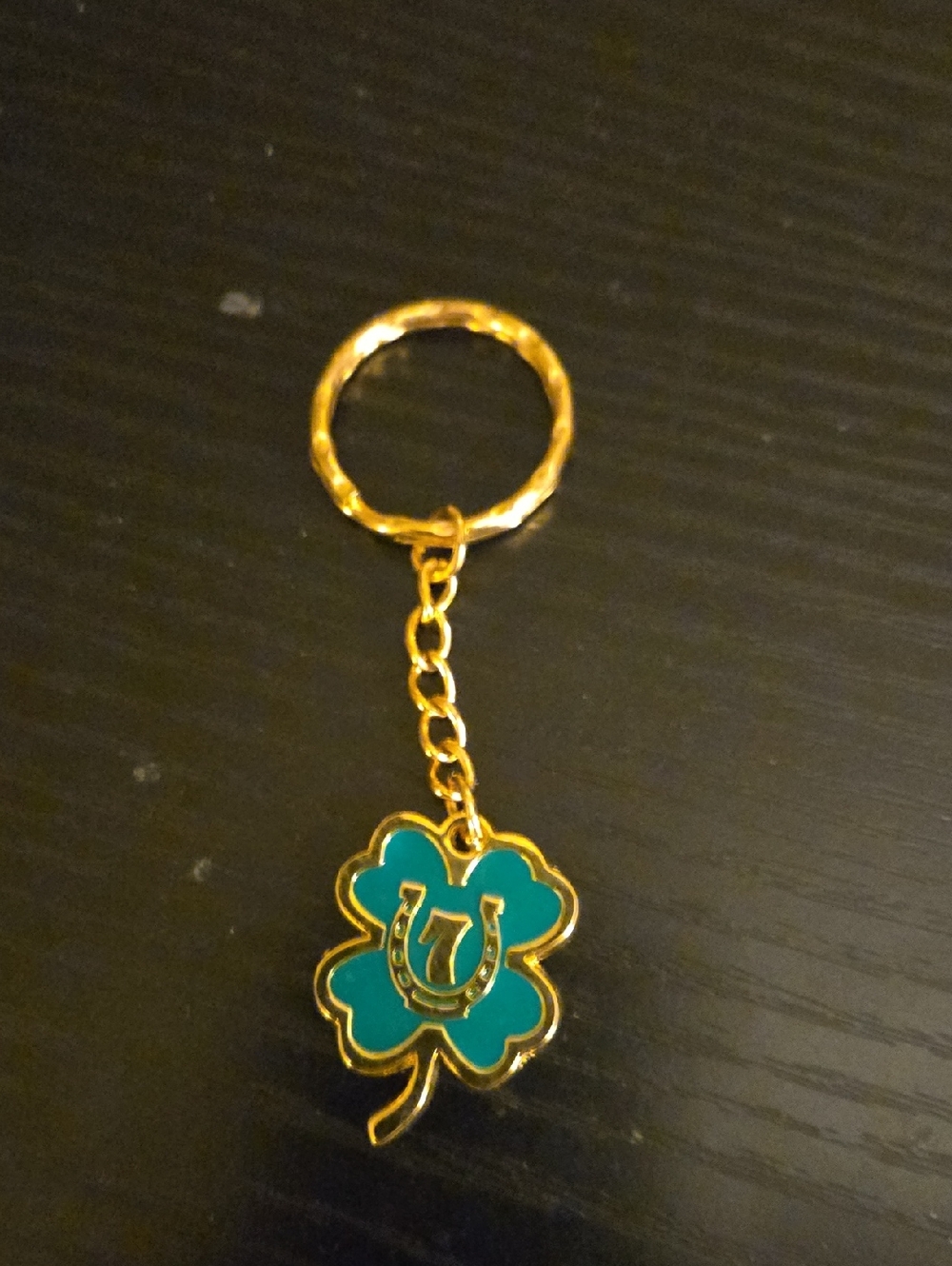 Gold-Tone Shamrock Keychain with Teal Enamel